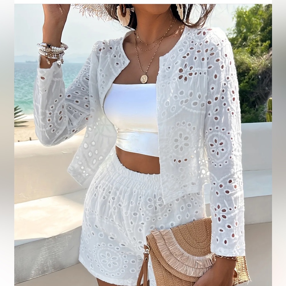 Women’s White Eyelet Two-Piece Set - Lightweight Long-Sleeves Jacket & Shorts